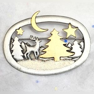 Vtg JJ Artifacts 2 Tone Pewter Woodland Holiday Pin Brooch Deer Stars Moon